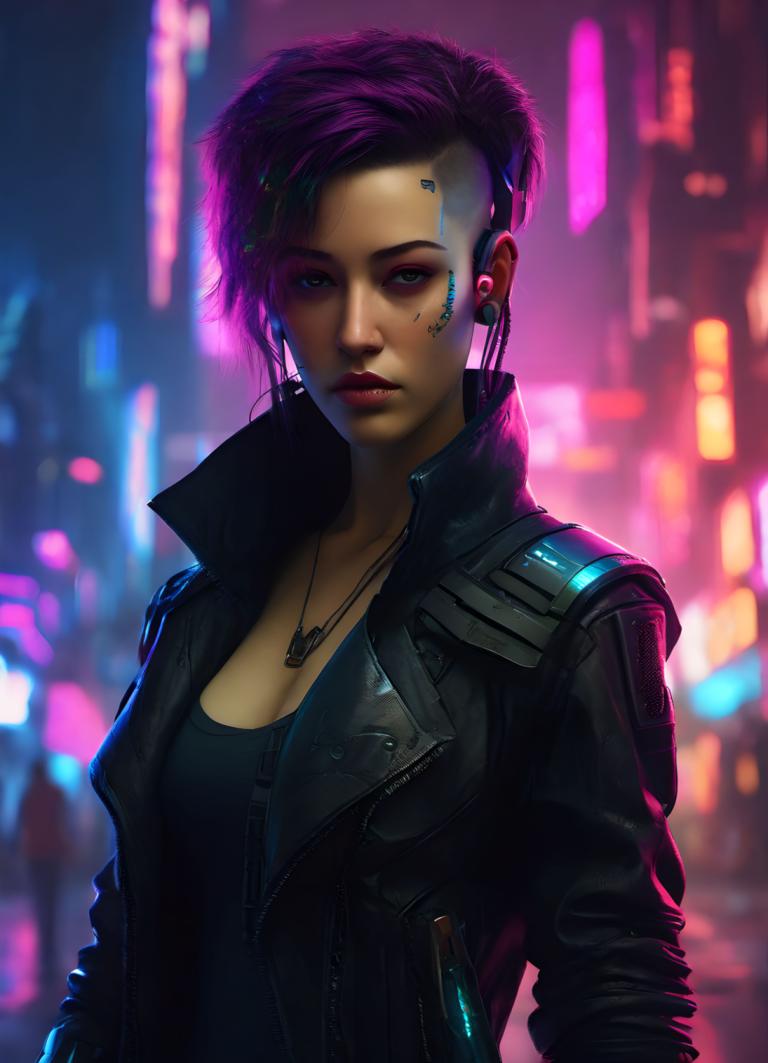 Cyberpunk,Cyberpunk, Personnes, femme, 1fille, cyberpunk, solo, veste, seins, cheveux violets, cheveux courts