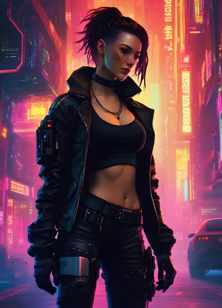 Cyberpunk,Cyberpunk, Mensen, vrouw, 1meisje, cyberpunk, Neon lichten, borsten, juwelen, solo, open kleren