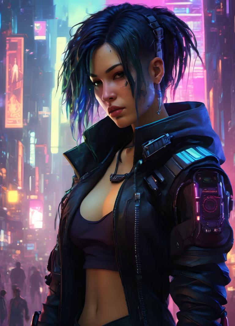 Cyberpunk,Cyberpunk, People, woman, cyberpunk, 1girl, breasts, realistic, navel, jacket, jewelry, midriff