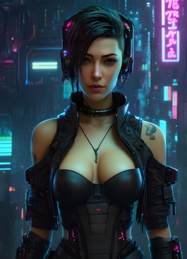 Cyberpunk,Cyberpunk, People, woman, 1girl, cyberpunk, breasts, solo, neon lights, cleavage, tattoo, jewelry