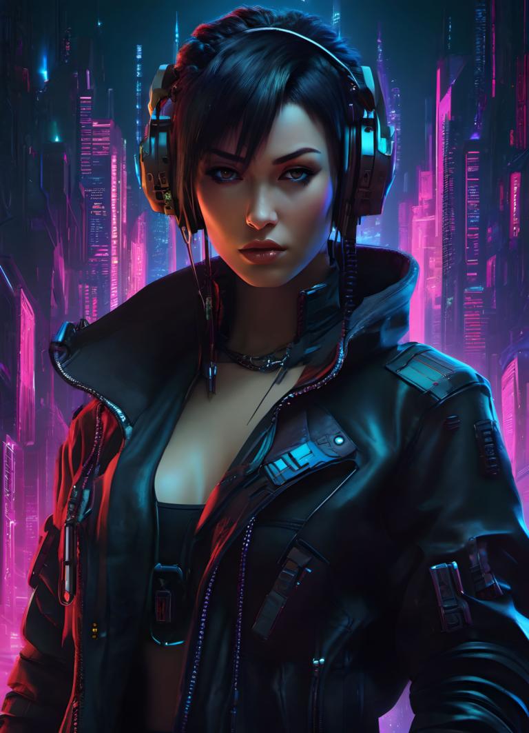 Cyberpunk,Cyberpunk, People, woman, 1girl, solo, jacket, cyberpunk, breasts, black hair, open clothes