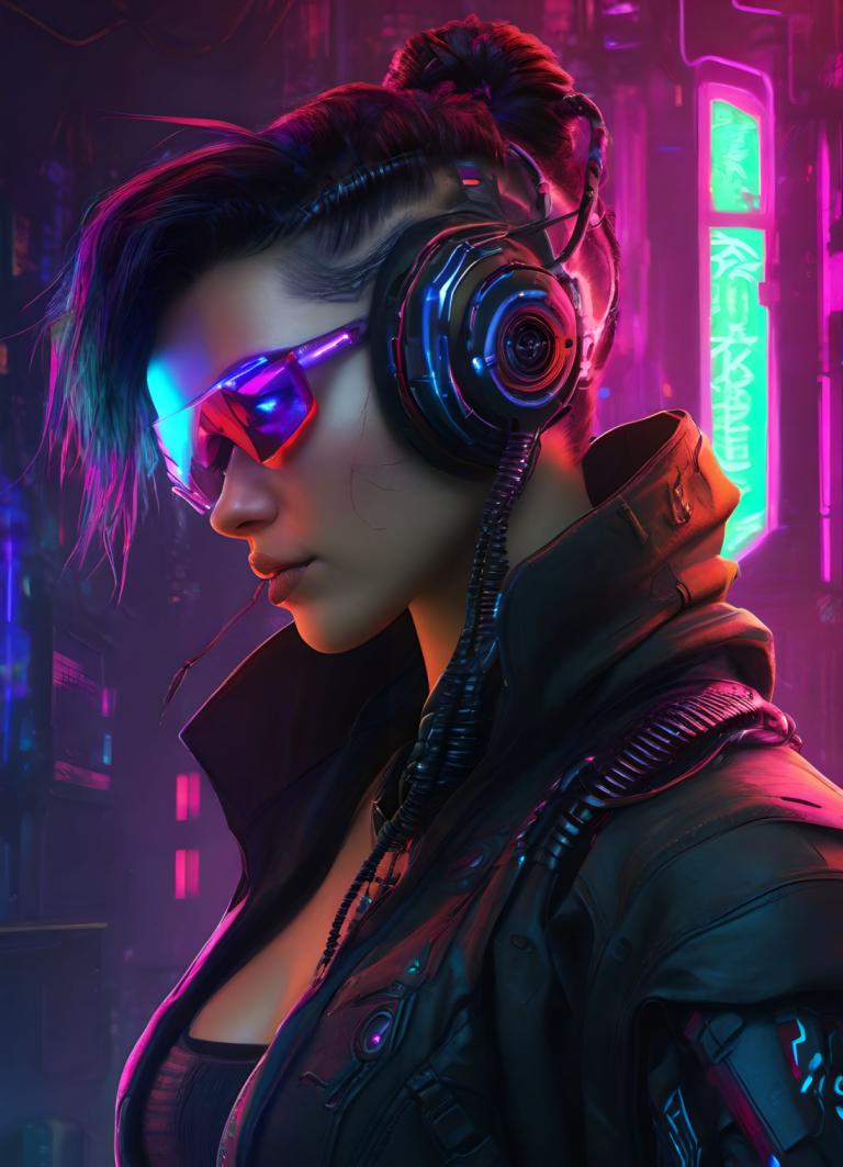 Cyberpunk,Cyberpunk, Rakyat, wanita, 1 gadis, solo, lampu neon, cyberpunk, jaket, payudara, kacamata berwarna