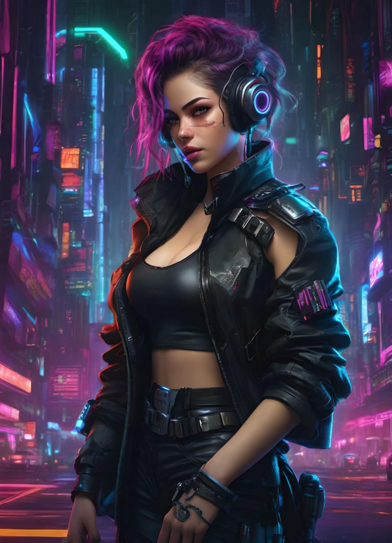 Cyberpunk,Cyberpunk, Mensen, vrouw, 1meisje, cyberpunk, solo, borsten, Neon lichten, jasje, broek, riem