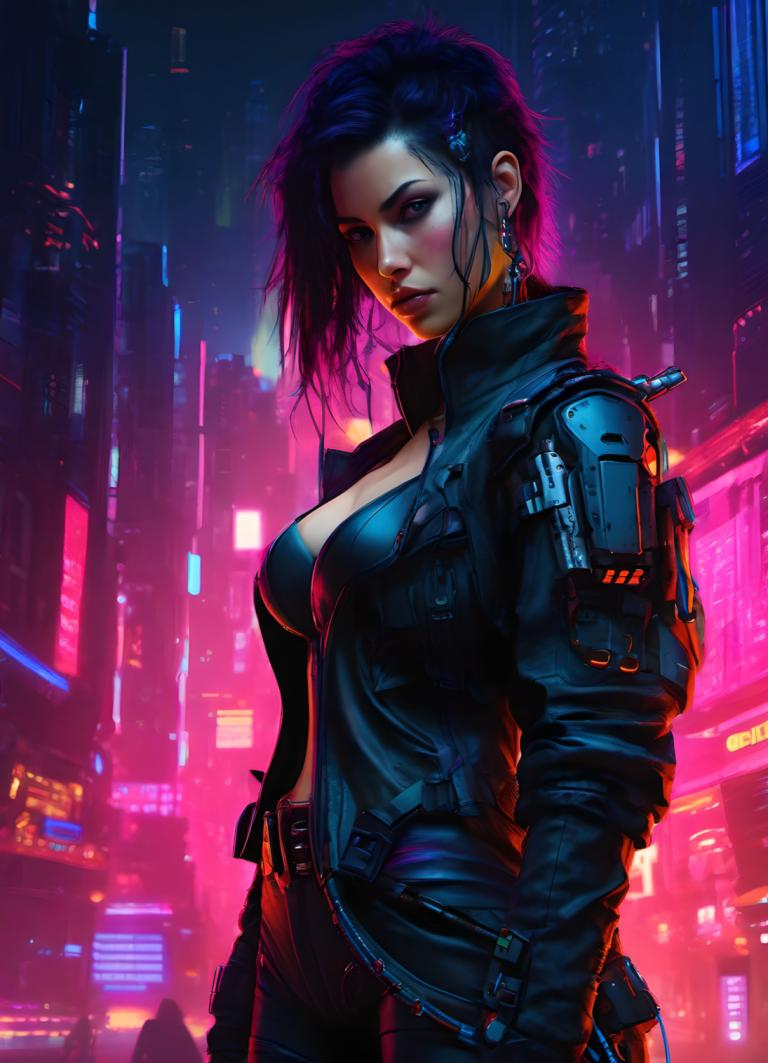 Cyberpunk,Cyberpunk, People, woman, 1girl, breasts, cyberpunk, jacket, earrings, jewelry, belt, neon lights