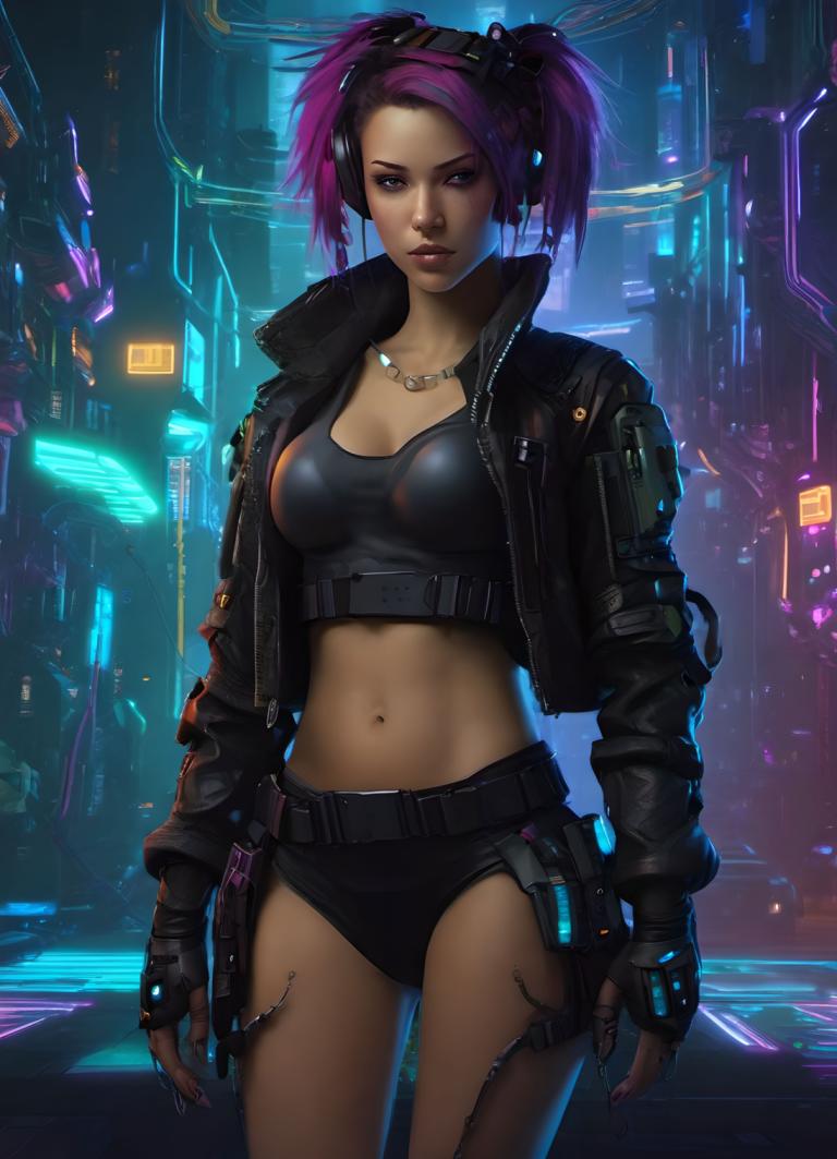 Cyberpunk,Cyberpunk, människor, kvinna, 1 tjej, solo, cyberpunk, handskar, bröst, navel, jacka