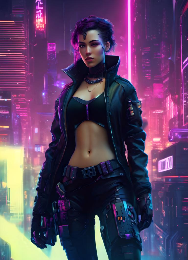 Cyberpunk,Cyberpunk, People, woman, 1girl, cyberpunk, solo, neon lights, weapon, navel, gun, jacket, breasts