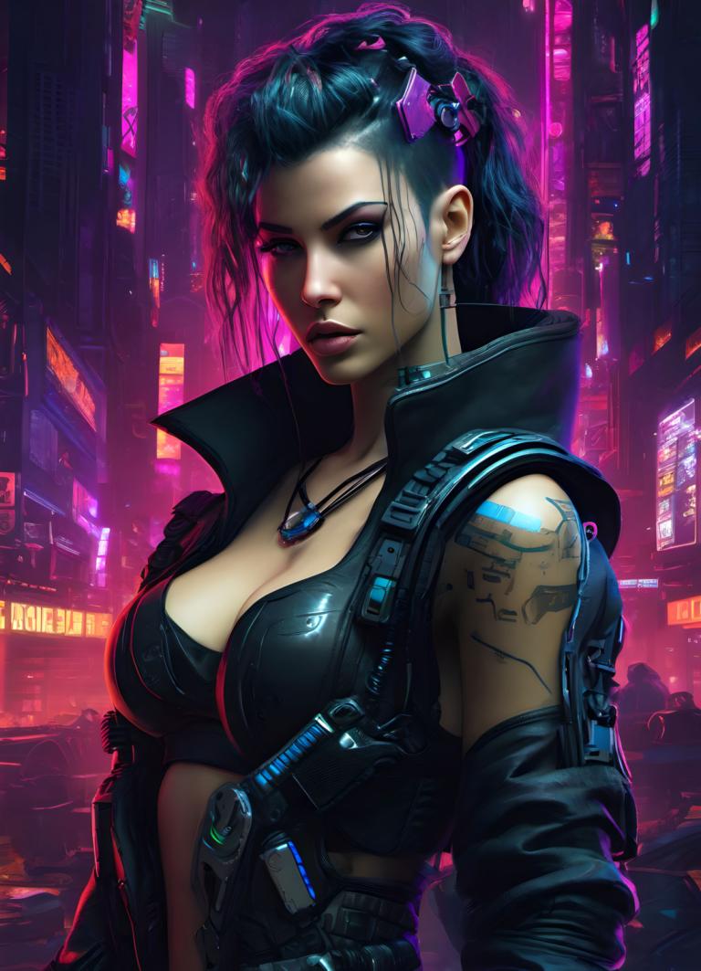 Cyberpunk,Cyberpunk, People, woman, 1girl, breasts, cyberpunk, jewelry, neon lights, tattoo, weapon, cleavage