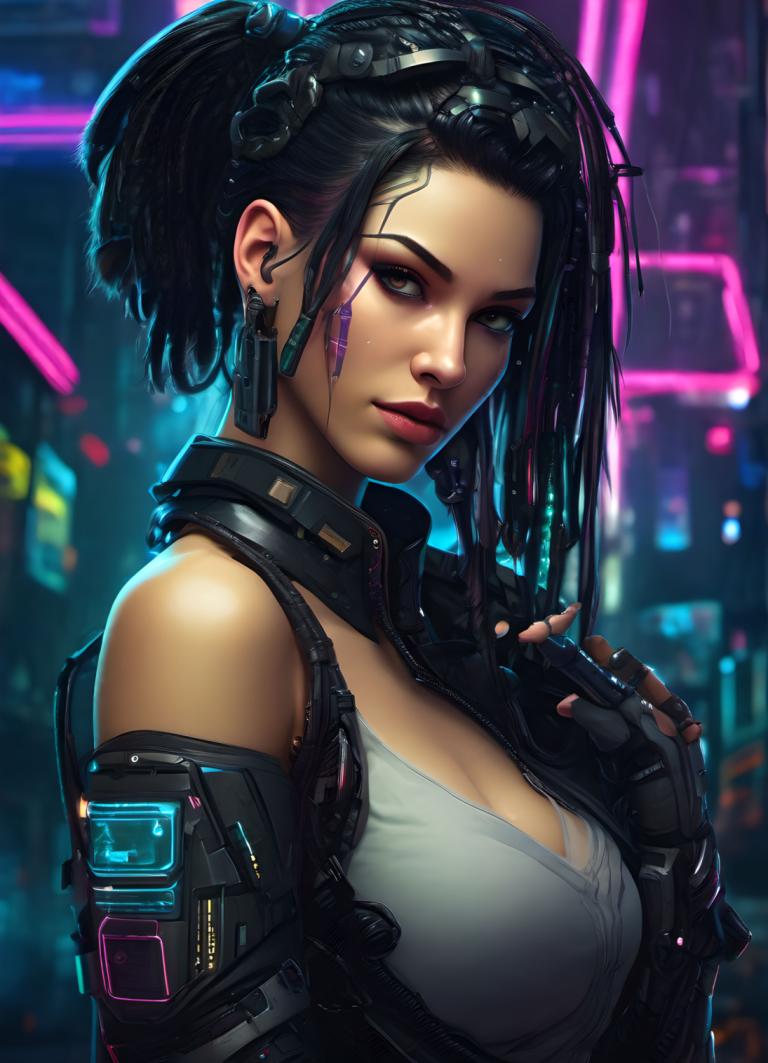 Cyberpunk,Cyberpunk, Mọi người, đàn bà, 1 cô gái, đấu, cyberpunk, ngực, tóc đen, găng tay, găng tay cụt ngón