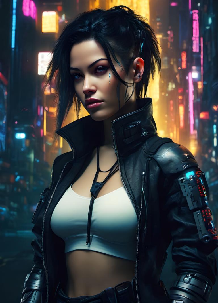 Cyberpunk,Cyberpunk, Mọi người, đàn bà, 1 cô gái, đấu, áo khoác, tóc đen, ngực, cyberpunk, trang sức