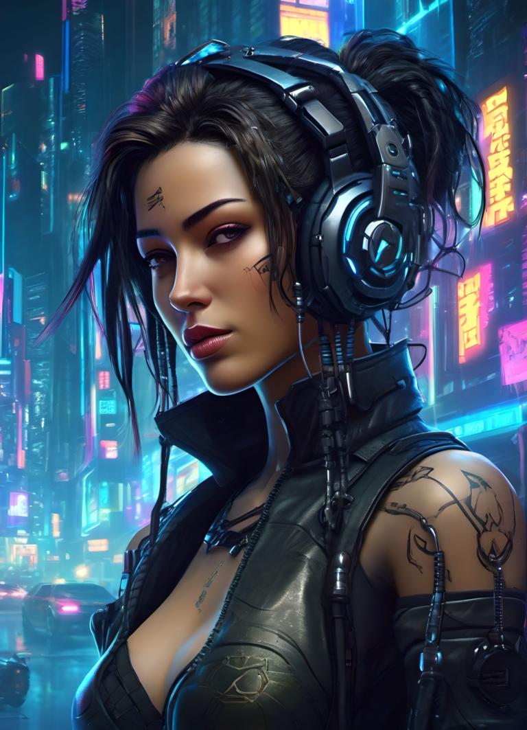 Cyberpunk,Cyberpunk, People, woman, 1girl, breasts, solo, cyberpunk, tattoo, necklace, jewelry, headphones