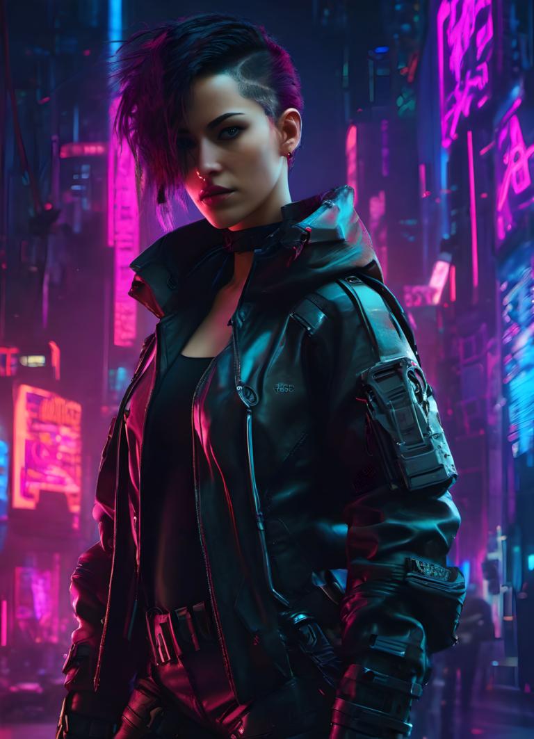 Cyberpunk,Cyberpunk, People, woman, 1girl, cyberpunk, undercut, jacket, solo, neon lights, open jacket