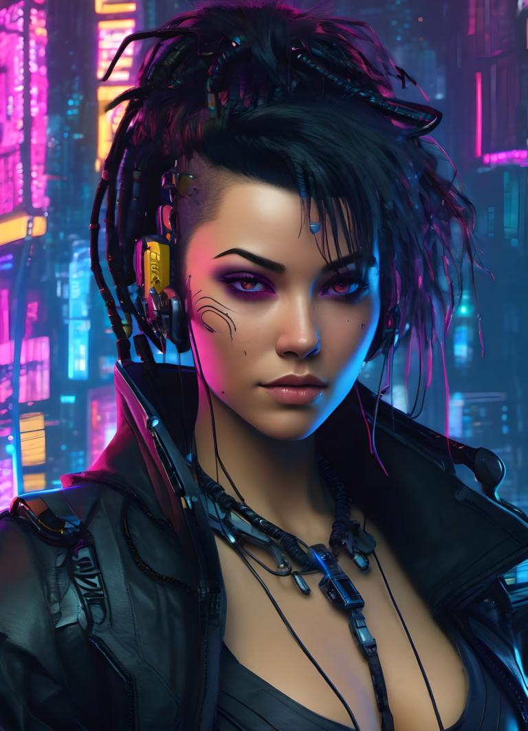 Cyberpunk,Cyberpunk, People, woman, 1girl, cyberpunk, solo, breasts, cleavage, black hair, jacket, realistic