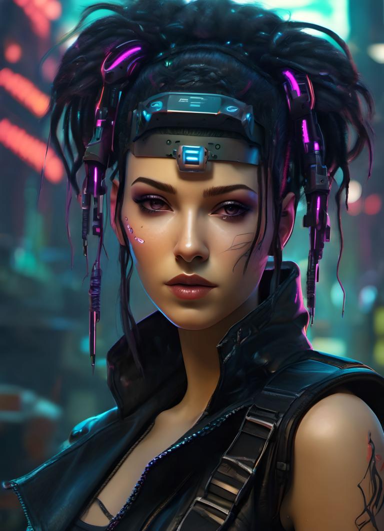 Cyberpunk,Cyberpunk, Rakyat, wanita, 1 gadis, solo, kulit gelap, perempuan berkulit gelap, rambut hitam, tato