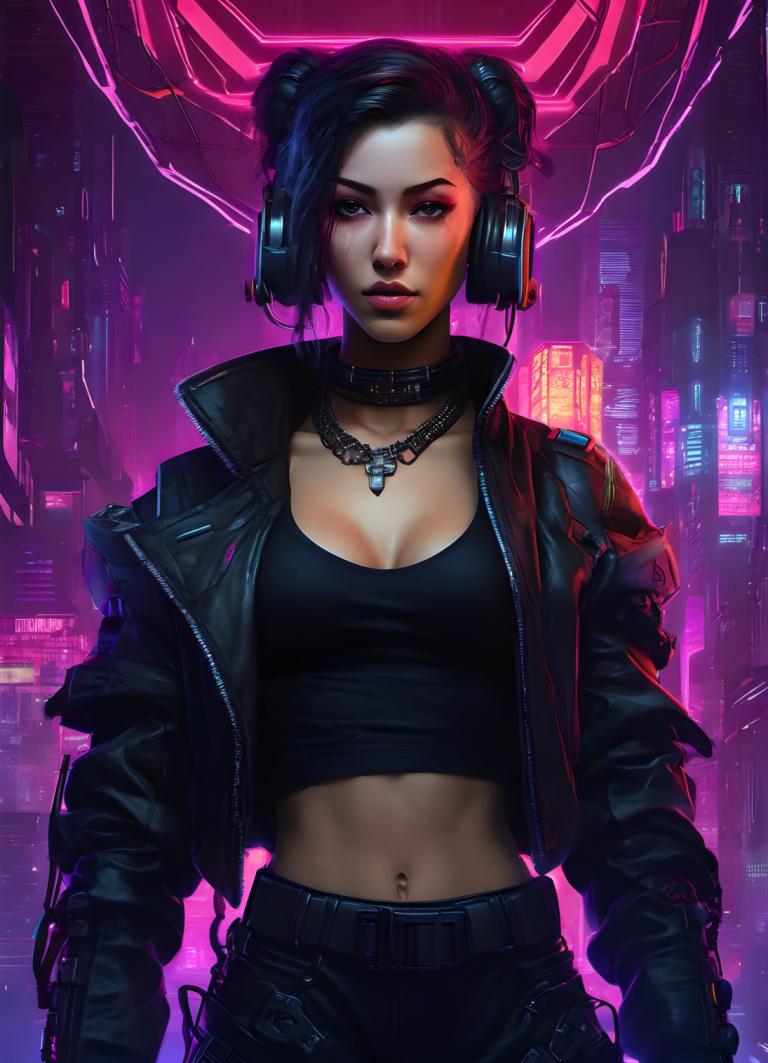 Cyberpunk,Cyberpunk, Rakyat, wanita, 1 gadis, solo, cyberpunk, payudara, jaket, lampu neon, celana, perhiasan