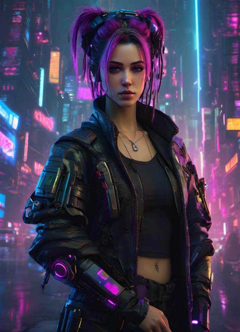 Cyberpunk,Cyberpunk, People, woman, 1girl, solo, cyberpunk, neon lights, realistic, jewelry, necklace, jacket