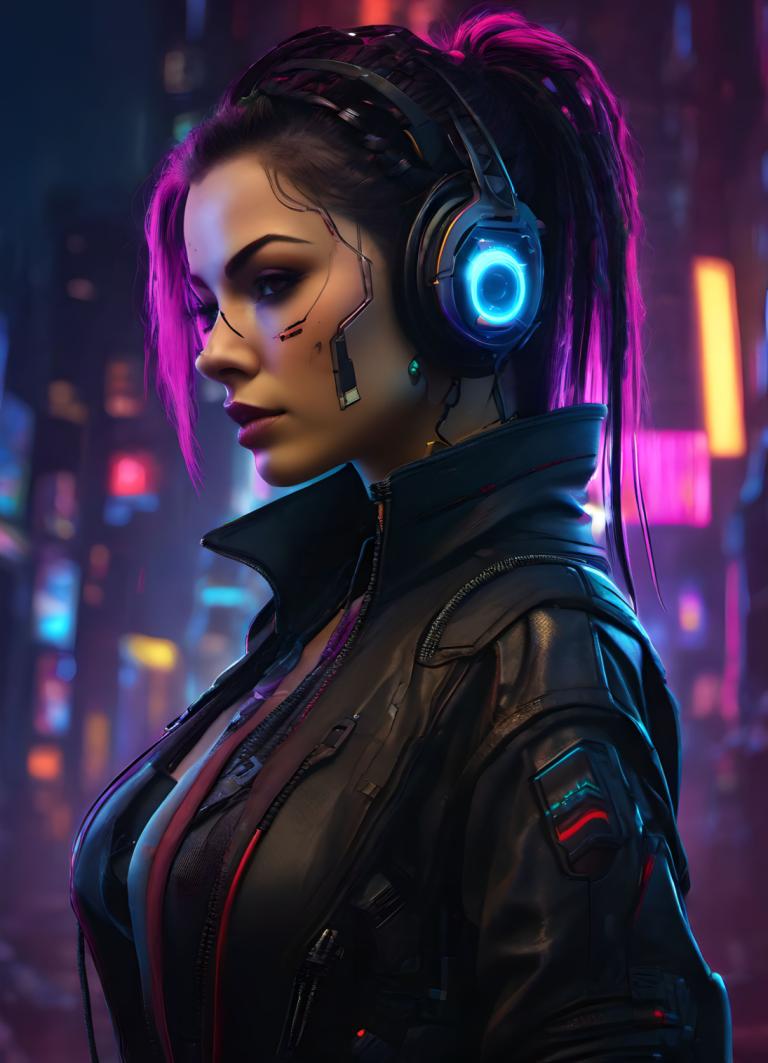 Cyberpunk,Cyberpunk, Mennesker, kvinne, 1 jente, solo, jakke, cyberpunk, hestehale, nese, bryster, skinnjakke