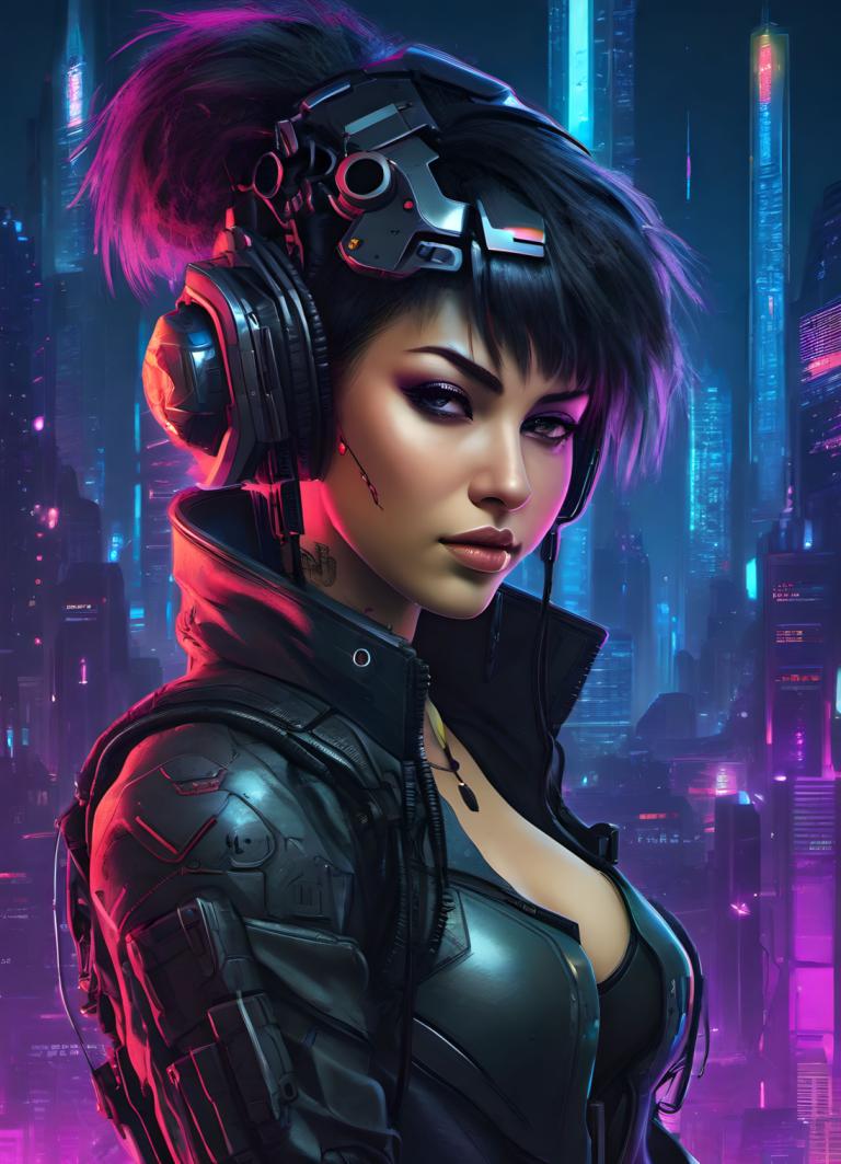 Cyberpunk,Cyberpunk, Mennesker, kvinne, 1 jente, solo, cyberpunk, bryster, svart hår, medium bryster