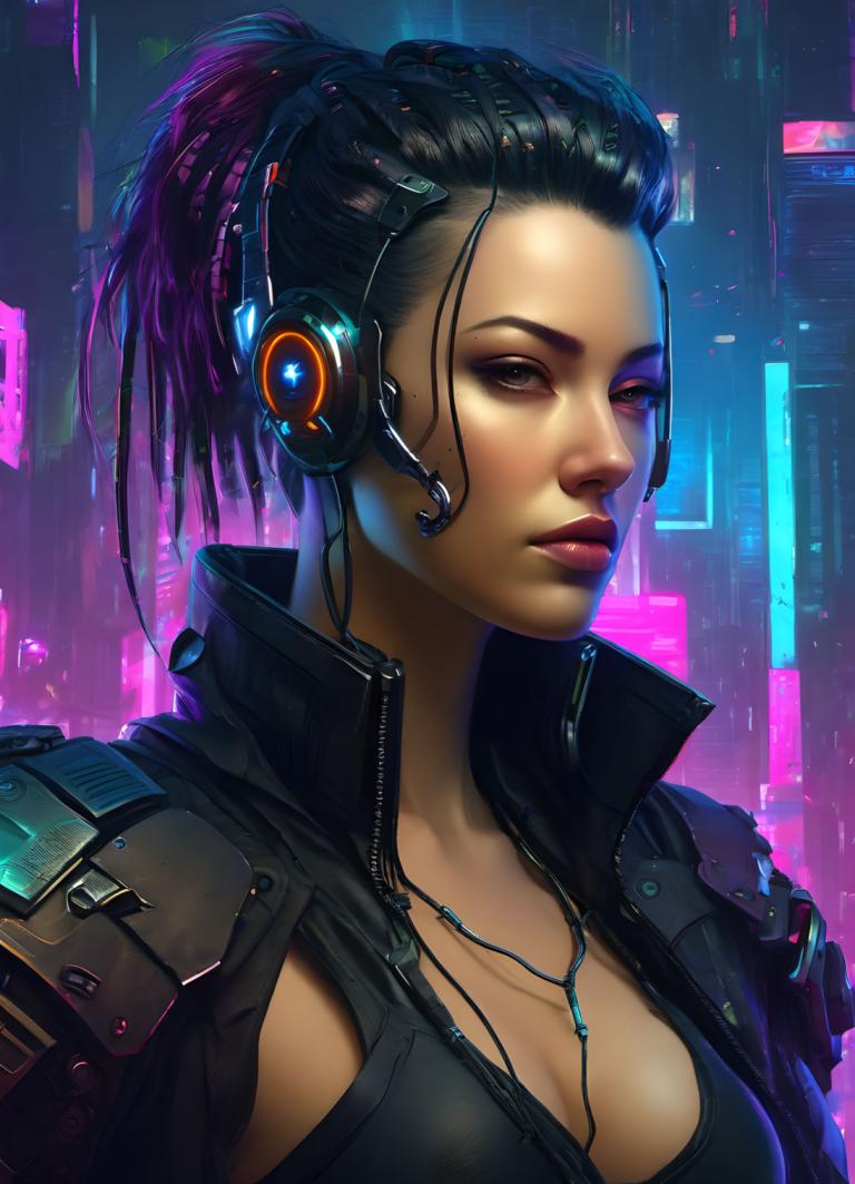 Cyberpunk,Cyberpunk, People, woman, 1girl, solo, breasts, cleavage, ponytail, jewelry, necklace, makeup