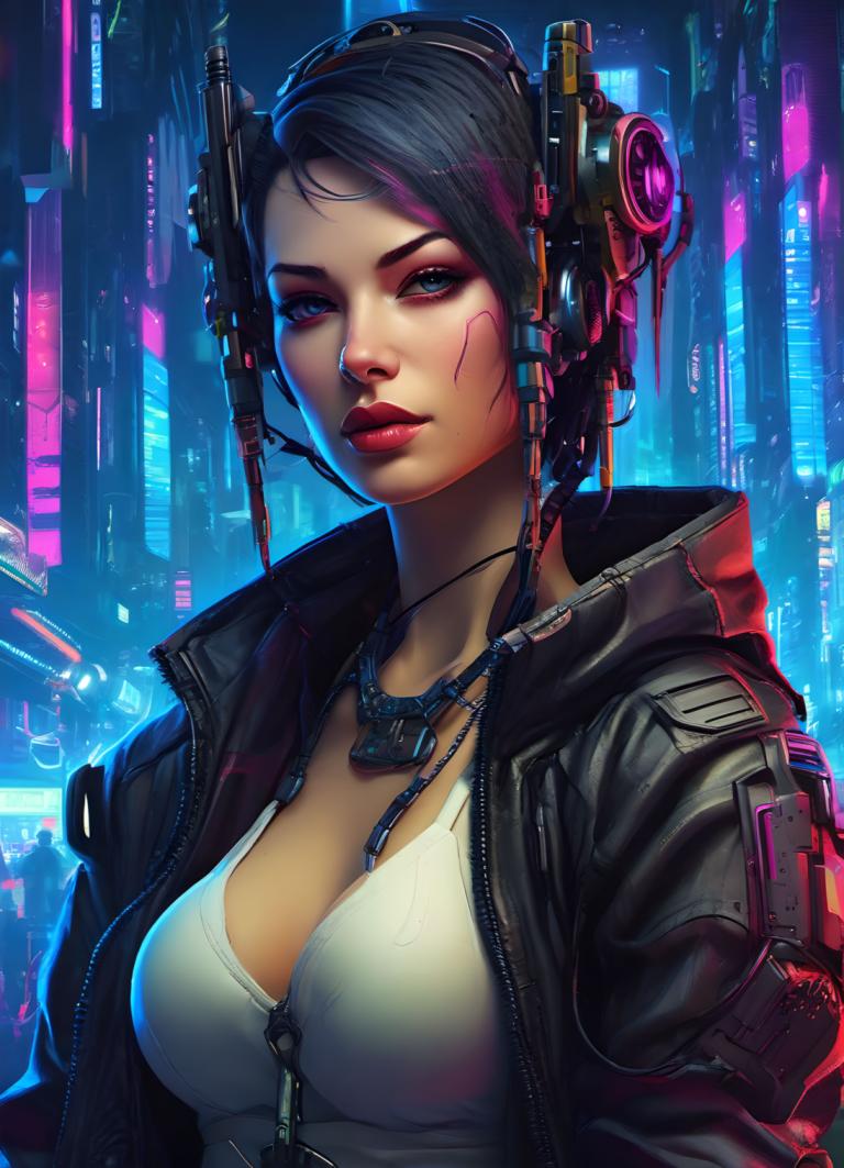 Cyberpunk,Cyberpunk, People, woman, 1girl, breasts, solo, cyberpunk, jacket, black hair, cleavage