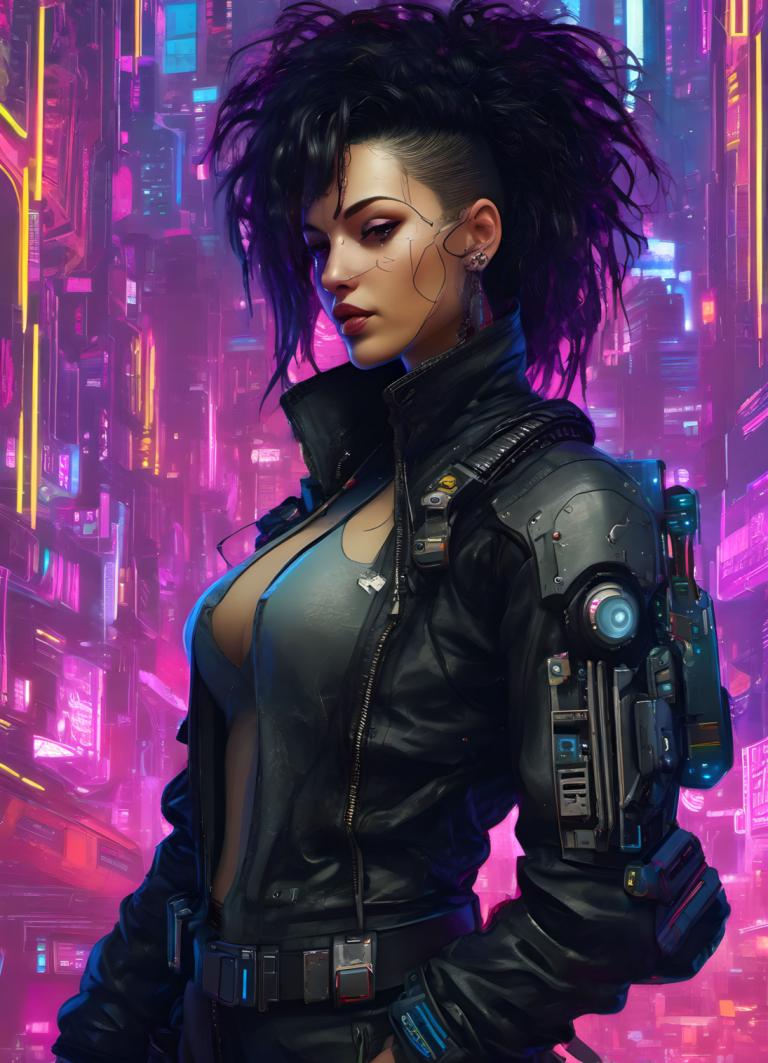 Cyberpunk,Cyberpunk, Mennesker, kvinde, 1 pige, cyberpunk, solo, bryster, smykker, øreringe, sort hår, jakke