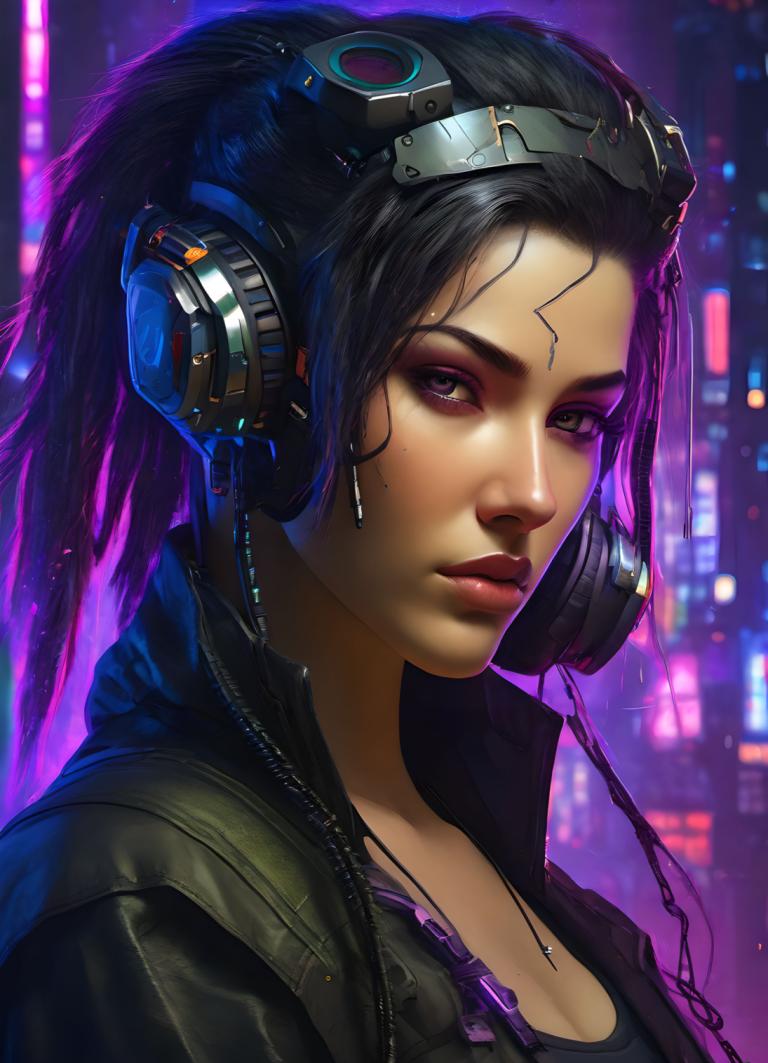 Cyberpunk,Cyberpunk, Oameni, femeie, 1 fata, solo, brunet, realist, Căști, sacou, cyberpunk