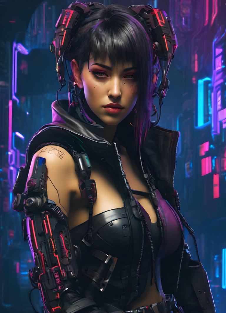 Cyberpunk,Cyberpunk, Mensen, vrouw, 1meisje, cyberpunk, solo, borsten, zwart haar, oorbellen, cyborg