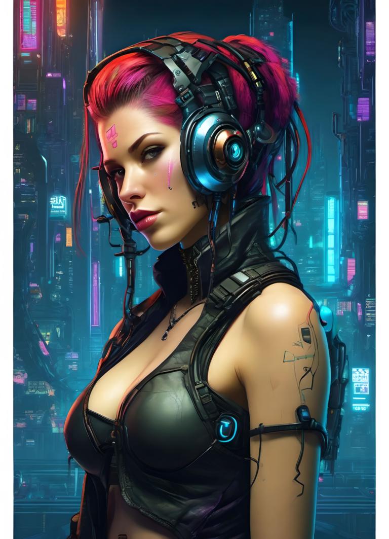 Cyberpunk,Cyberpunk, Menschen, Frau, 1Mädchen, Solo, Cyberpunk, Brüste, Dekollete, pinkes Haar, realistisch