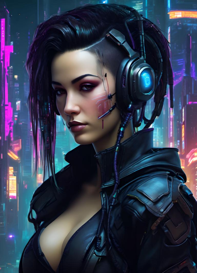 Cyberpunk,Cyberpunk, Lidé, žena, 1 dívka, kyberpunk, prsa, sólo, výstřih, černé vlasy, realistický, sluchátka