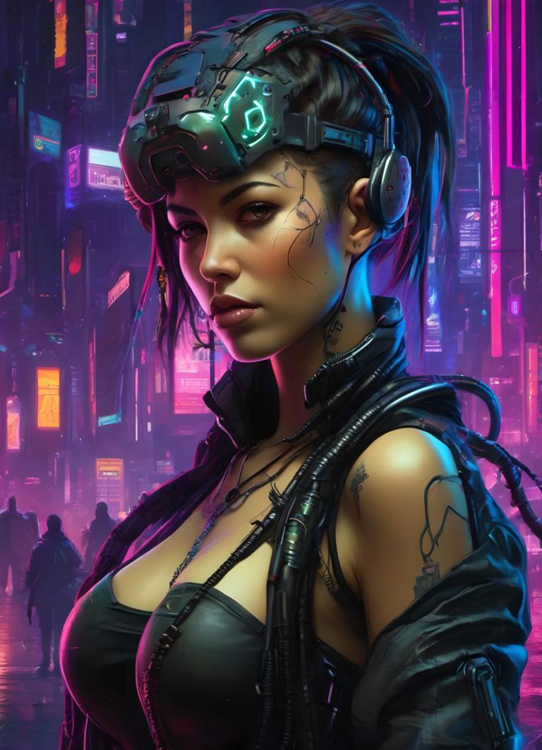 Cyberpunk,Cyberpunk, människor, kvinna, cyberpunk, 1 tjej, bröst, Smycken, solo fokus, realistisk