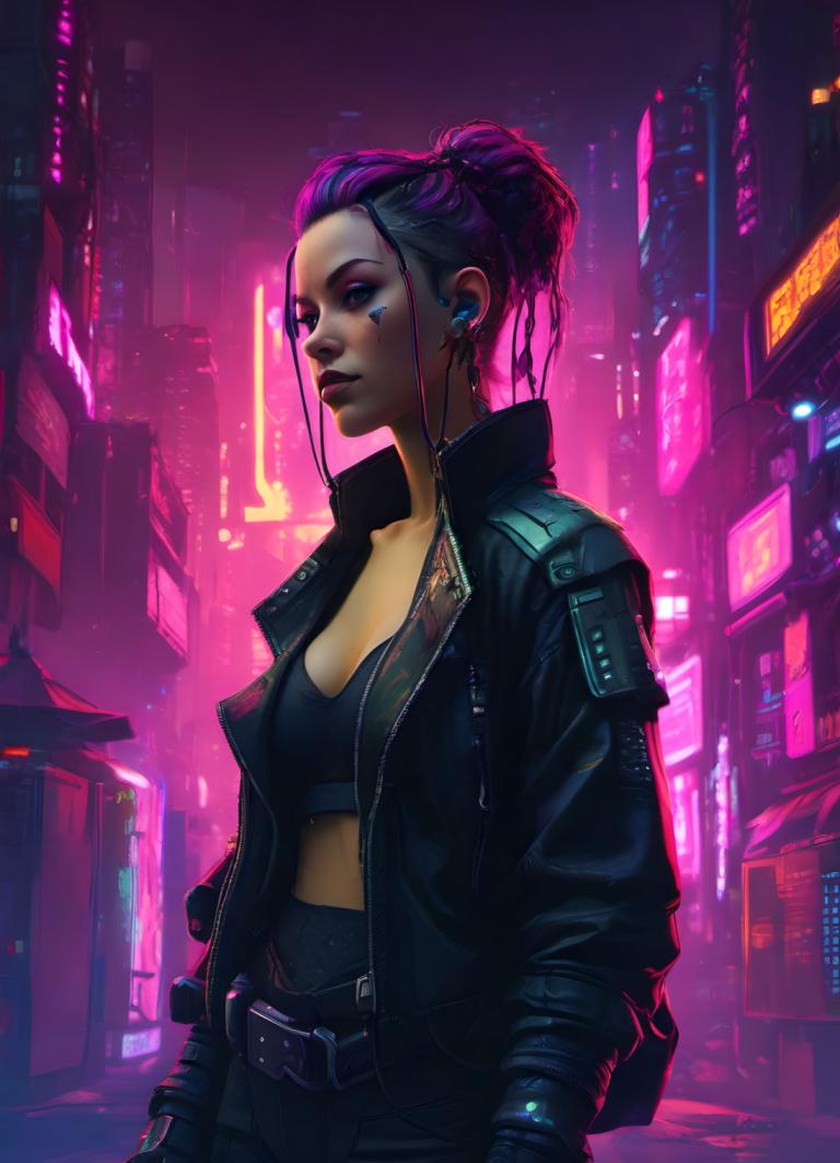 Cyberpunk,Cyberpunk, People, woman, 1girl, cyberpunk, neon lights, solo, breasts, jacket, belt, pants