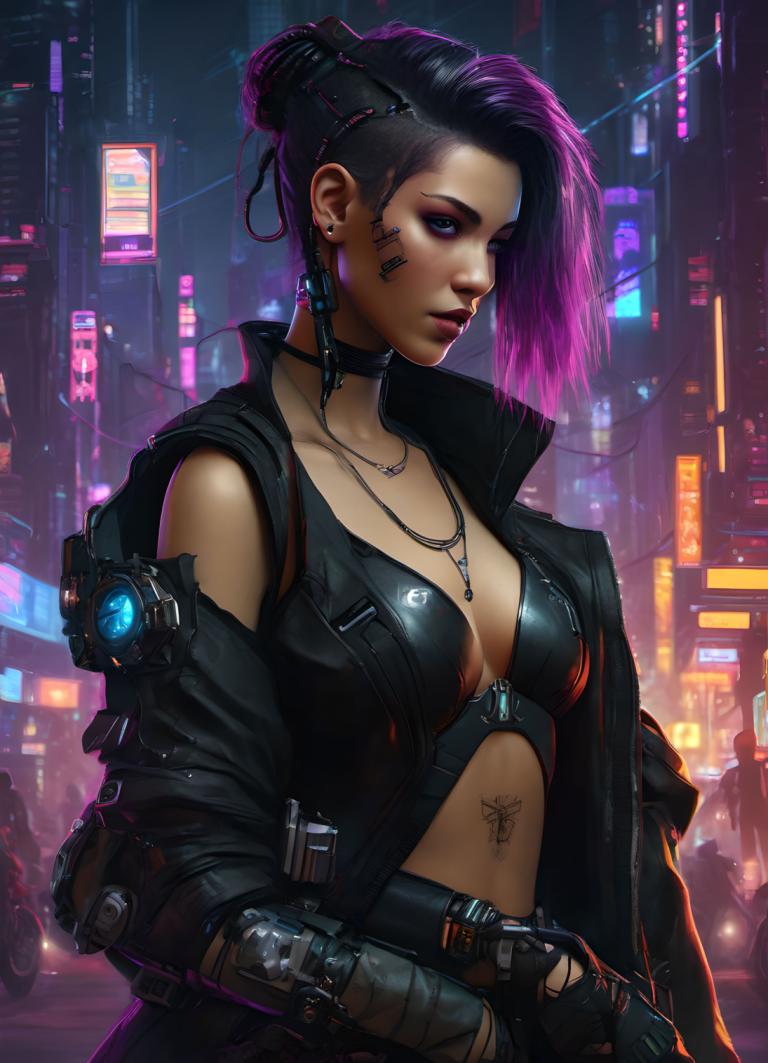 Cyberpunk,Cyberpunk, People, woman, cyberpunk, 1girl, breasts, tattoo, jewelry, undercut, multicolored hair