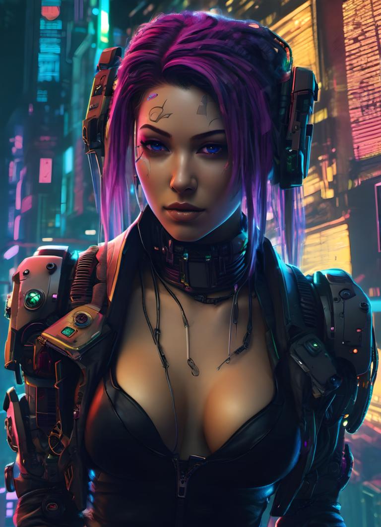 Cyberpunk,Cyberpunk, Menschen, Frau, 1Mädchen, Cyberpunk, Solo, Brüste, Cyborg, blaue Augen, lila Haare