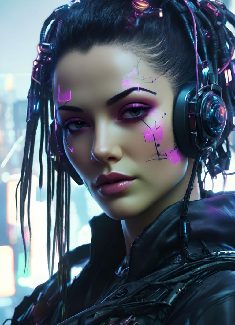 Cyberpunk,Cyberpunk, Lidé, žena, 1 dívka, sólo, černé vlasy, sluchátka, kyberpunk, při pohledu na diváka