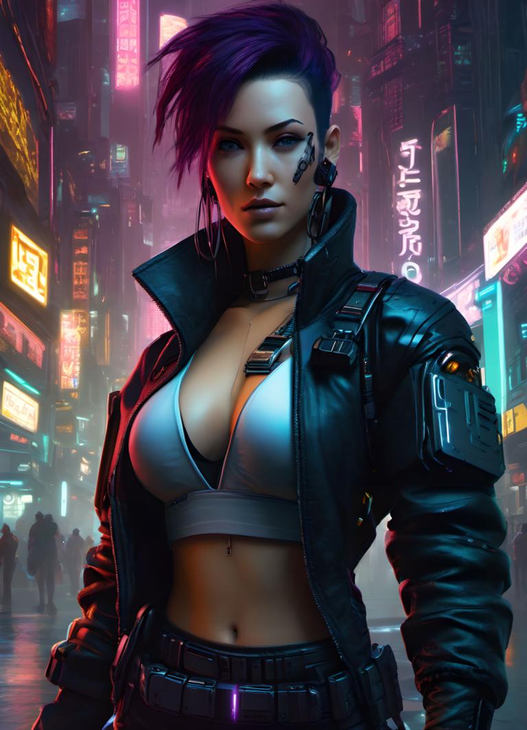 Cyberpunk,Cyberpunk, Mọi người, đàn bà, cyberpunk, 1 cô gái, ngực, lỗ rốn, phần giữa, áo khoác, tóc màu tím