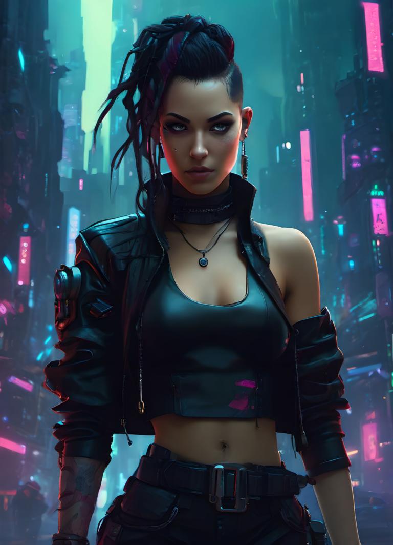 Cyberpunk,Cyberpunk, People, woman, 1girl, cyberpunk, solo, jewelry, breasts, navel, jacket, belt