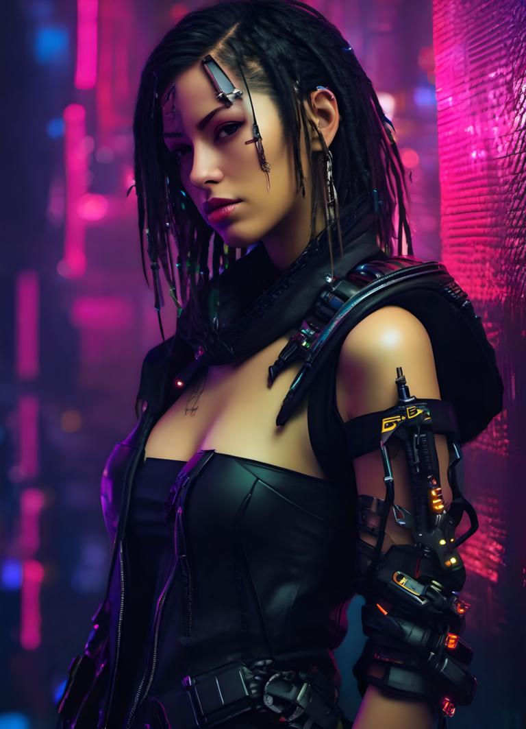 Cyberpunk,Cyberpunk, People, woman, 1girl, solo, cyberpunk, breasts, black hair, hood, cleavage, hood down