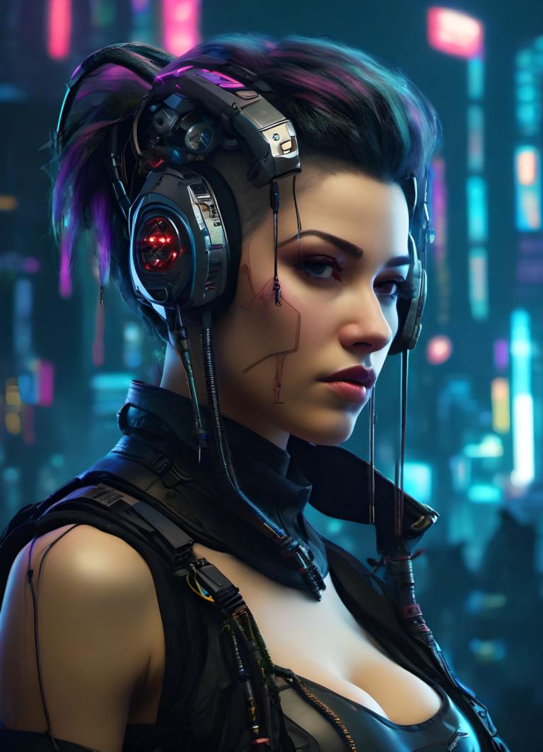 Cyberpunk,Cyberpunk, Mọi người, đàn bà, 1 cô gái, đấu, ngực, cyberpunk, sự phân chia, tóc đen, tóc nhiều màu