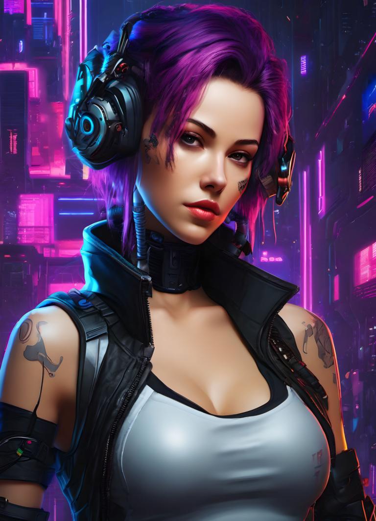 Cyberpunk,Cyberpunk, Rakyat, wanita, 1 gadis, solo, payudara, tato, pembelahan, cyberpunk, rambut pendek