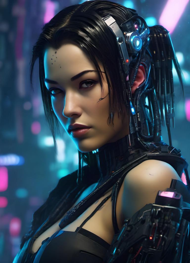 Cyberpunk,Cyberpunk, People, woman, 1girl, solo, black hair, ponytail, breasts, blurry, upper body