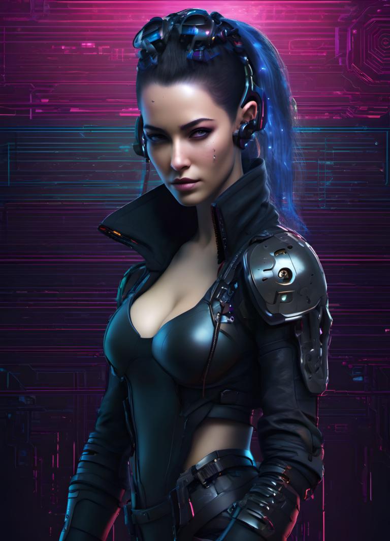 Cyberpunk,Cyberpunk, People, woman, 1girl, breasts, solo, cleavage, medium breasts, hair pulled back