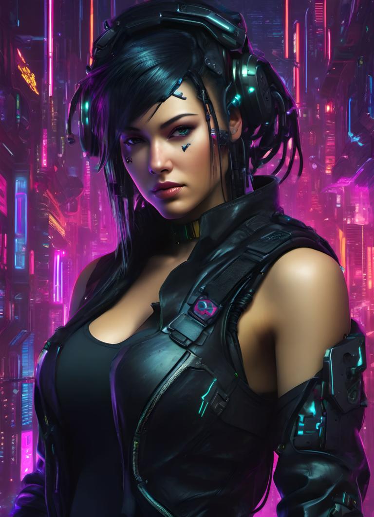 Cyberpunk,Cyberpunk, Oameni, femeie, 1 fata, cyberpunk, solo, sanii, brunet, realist, clivaj, lumini de neon