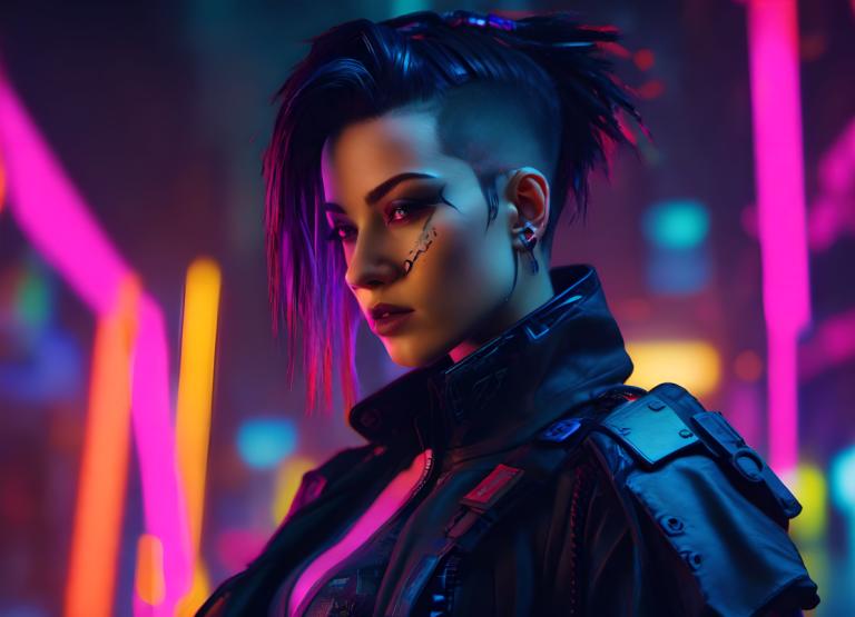 Cyberpunk,Cyberpunk, Menschen, Frau, 1Mädchen, Solo, verschwommener Hintergrund, verschwommen, Jacke