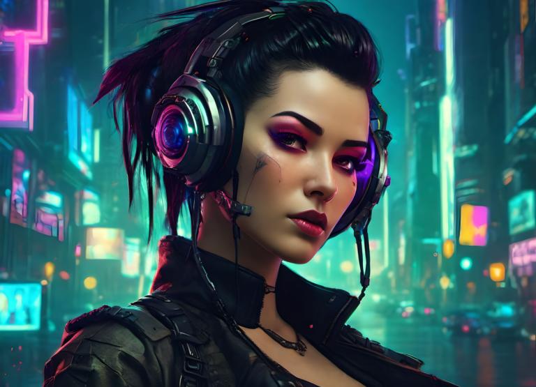 Cyberpunk,Cyberpunk, människor, kvinna, 1 tjej, cyberpunk, solo, svart hår, jacka, smink, hörlurar, headset