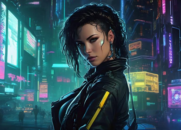 Cyberpunk,Cyberpunk, People, woman, cyberpunk, neon lights, 1girl, solo focus, jewelry, earrings, black hair