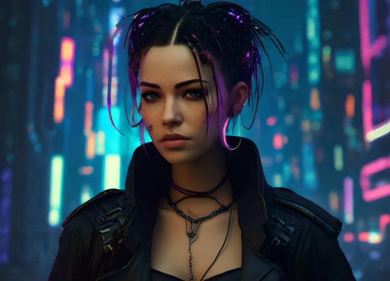 Cyberpunk,Cyberpunk, Rakyat, wanita, 1 gadis, solo, perhiasan, lampu neon, jaket, kalung