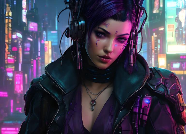 Cyberpunk,Cyberpunk, människor, kvinna, 1 tjej, cyberpunk, solo, Smycken, halsband, jacka, lila hår