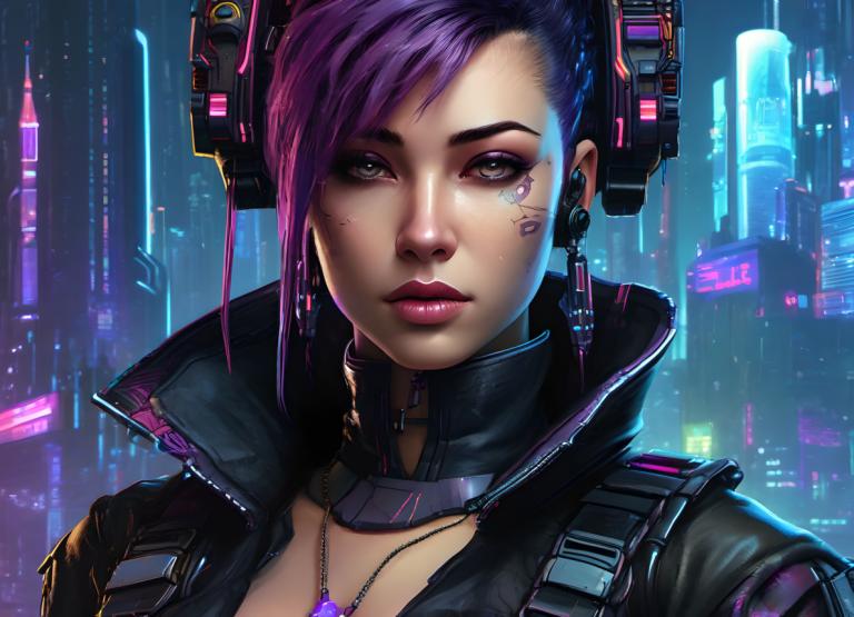 Cyberpunk,Cyberpunk, Ljudje, ženska, 1 dekle, cyberpunk, solo, nakit, vijolični lasje, realističen