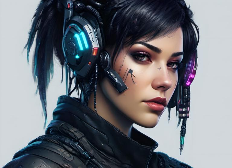 Cyberpunk,Cyberpunk, Personnes, femme, 1fille, solo, cheveux noirs, réaliste, écouteurs, portrait