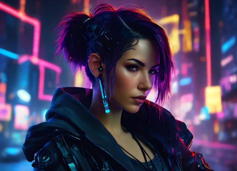 Cyberpunk,Cyberpunk, Menschen, Frau, 1Mädchen, Solo, Schmuck, verschwommener Hintergrund, verschwommen