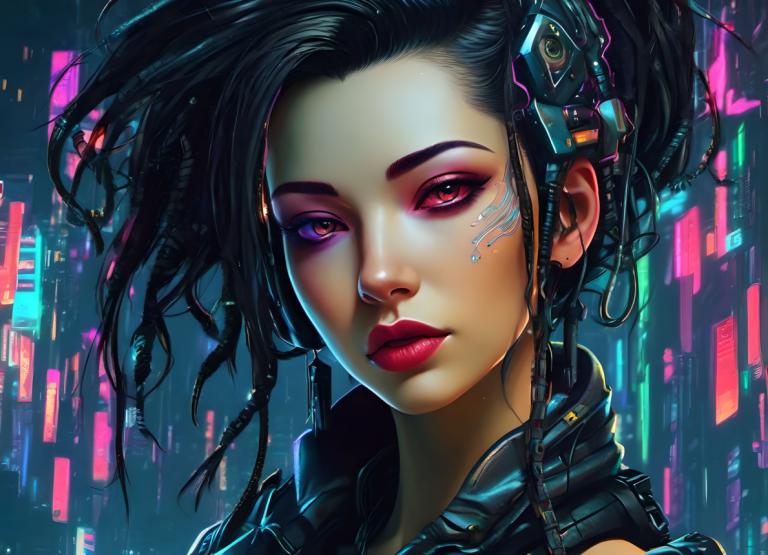 Cyberpunk,Cyberpunk, People, woman, 1girl, solo, cyberpunk, makeup, black hair, portrait, looking at viewer